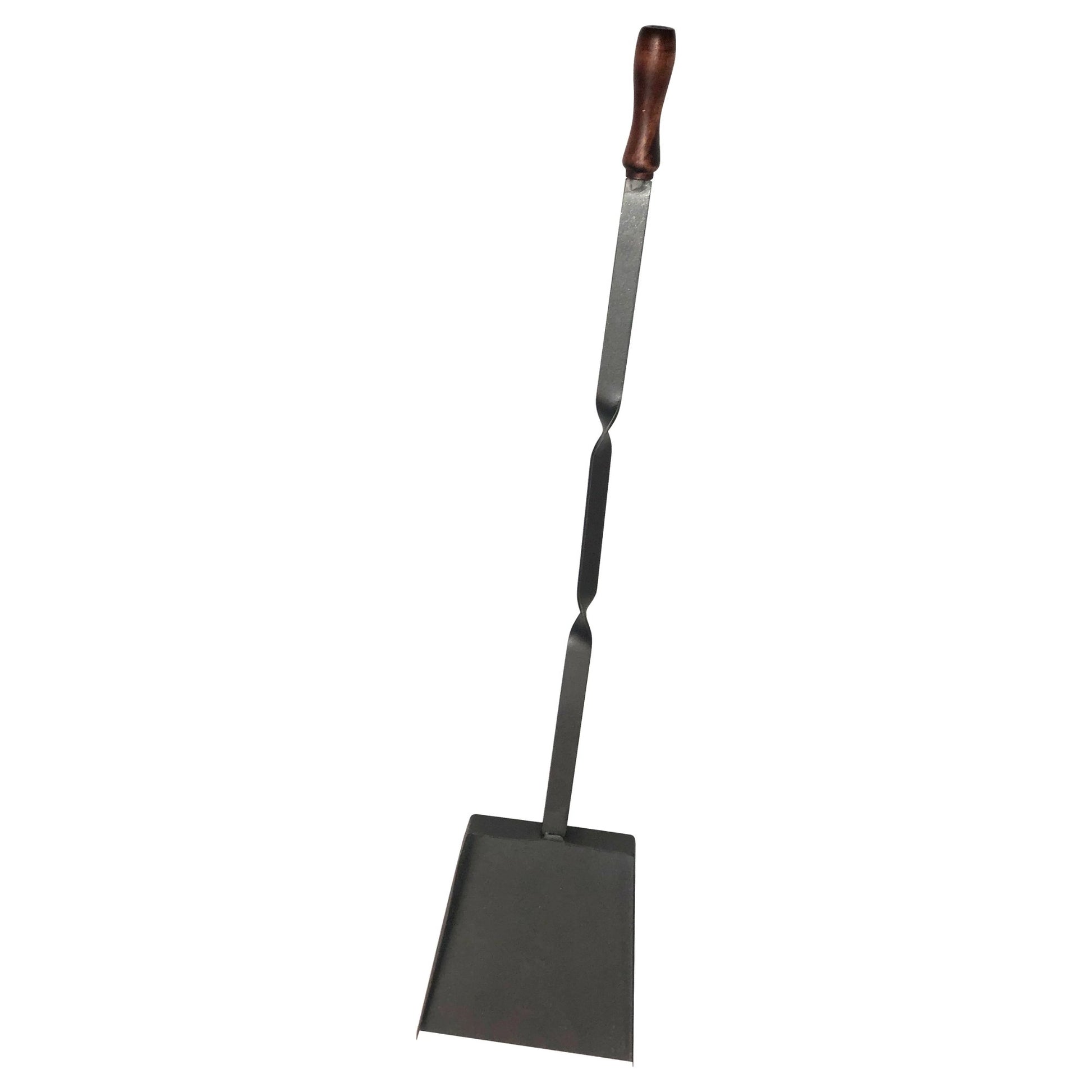 Metal shovel with wooden handle on a white background