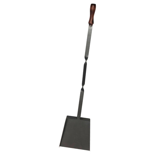 Metal shovel with wooden handle on a white background