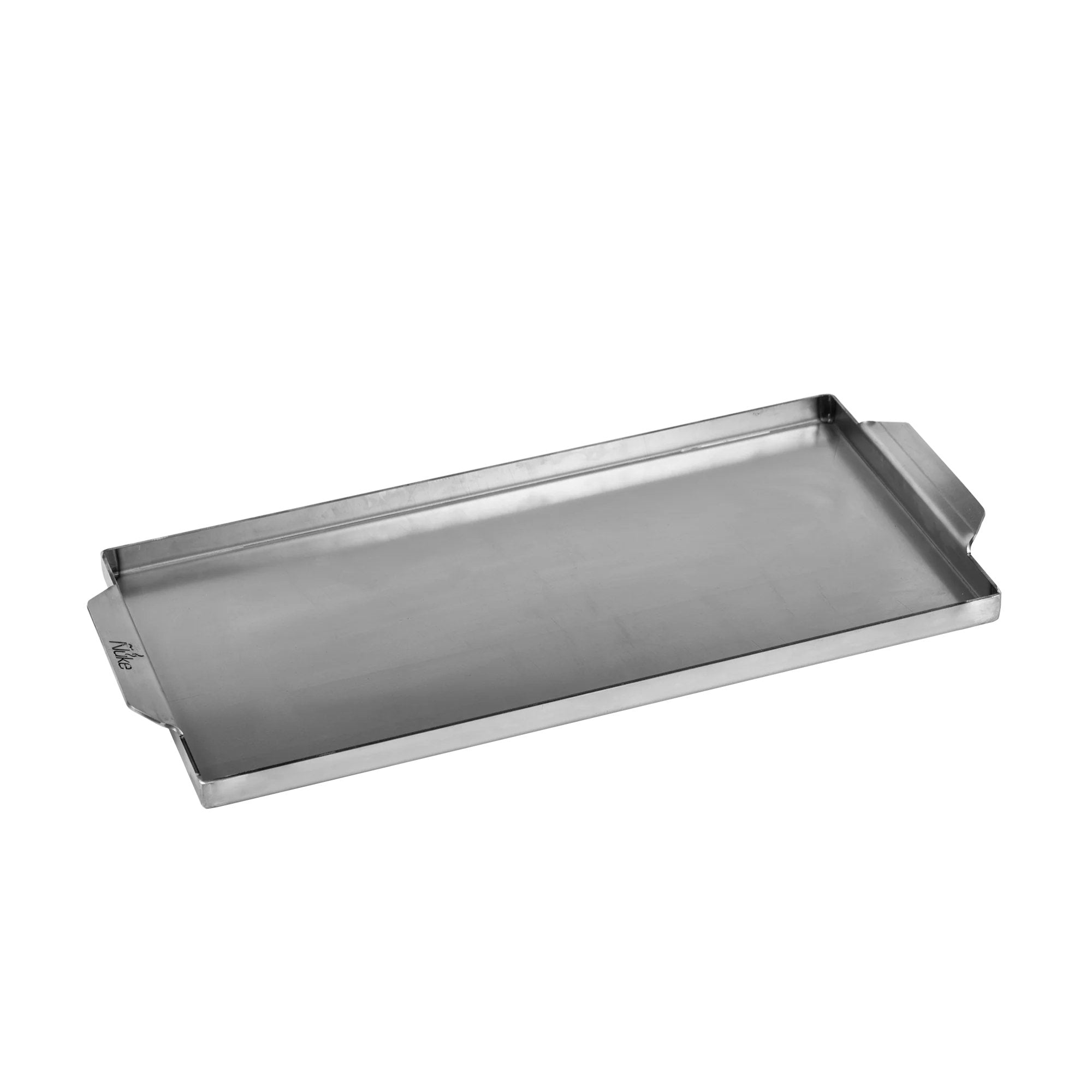 Stainless steel griddle on a white background