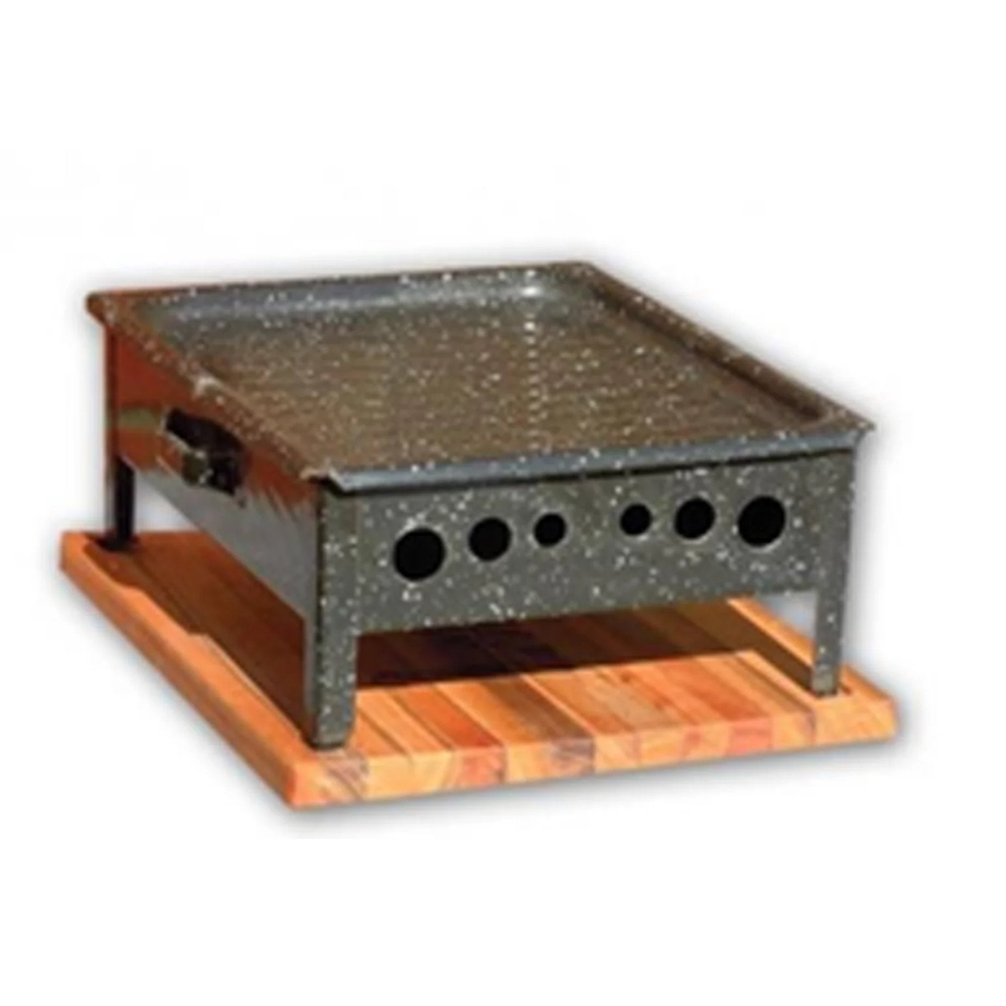 Portable grill with a wooden base on a white background