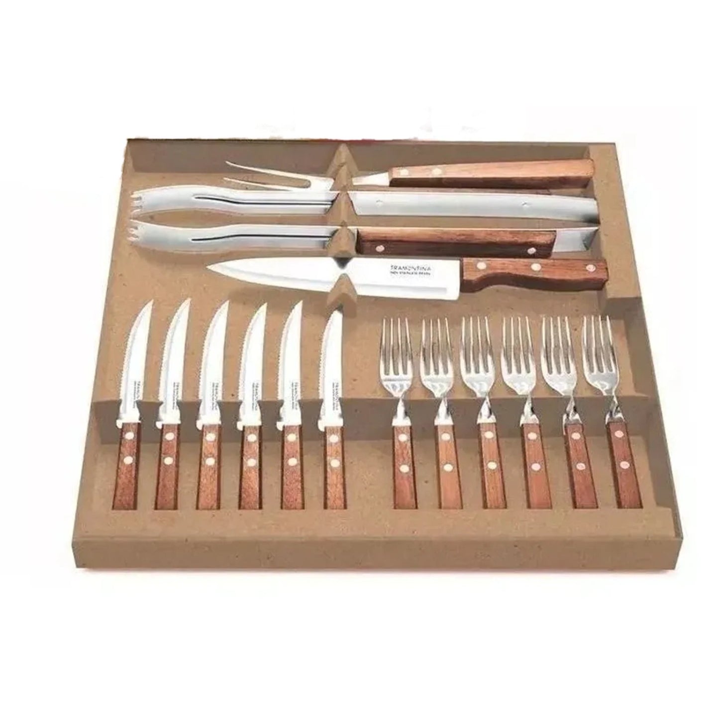 Set of steak knives and forks with wooden handles in a cardboard box on a white background